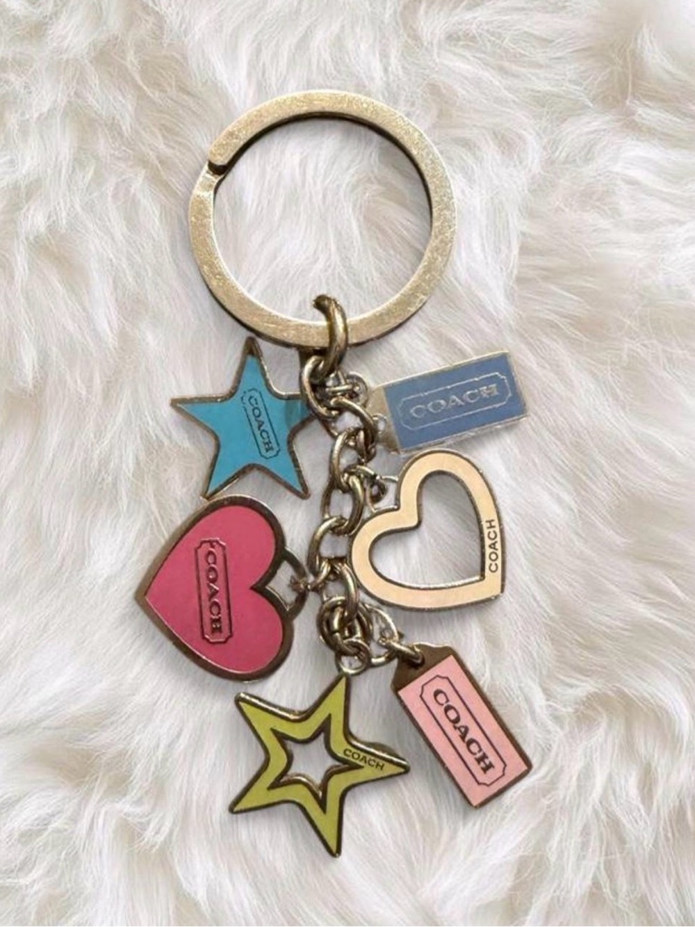 COACH Multicolor Heart & Star Charm Key Ring in Pink, Blue, Green, and Cream